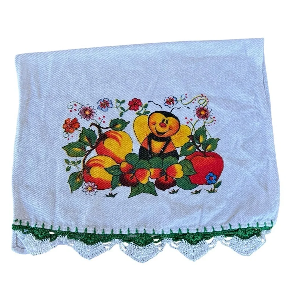 Vintage Anthropomorphic Bumble Bee Cotton Tea Towel Crochet Trim Flowers Brazil